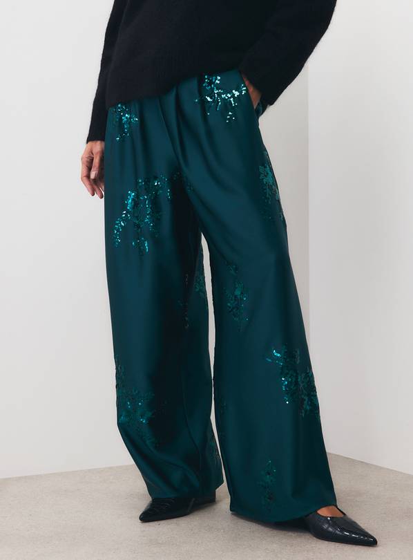 Teal Satin Sequin Embroidered Wide Leg Pleated Trousers 18