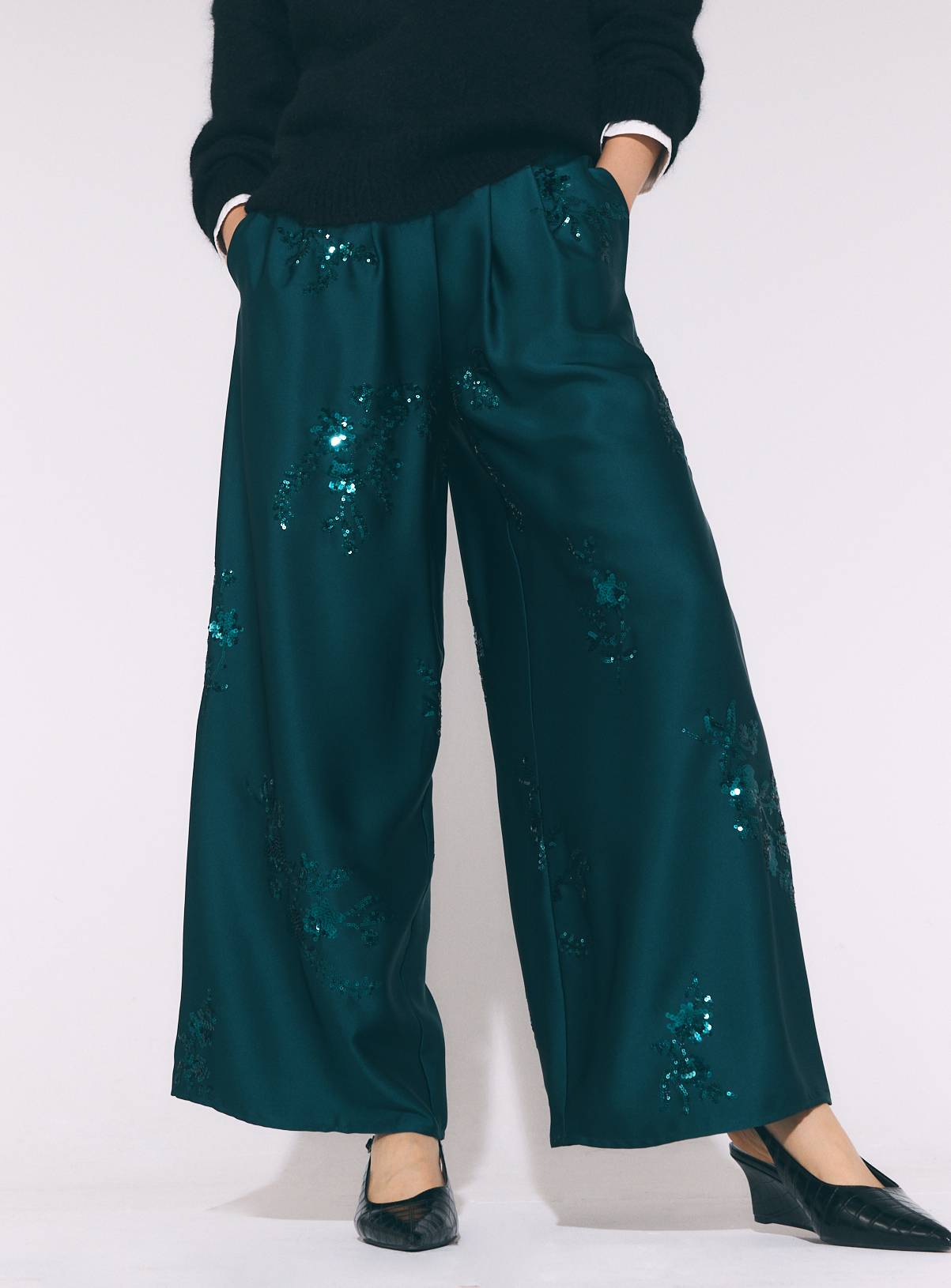Teal Satin Sequin Embroidered Wide Leg Pleated Trousers 12 - Image 2
