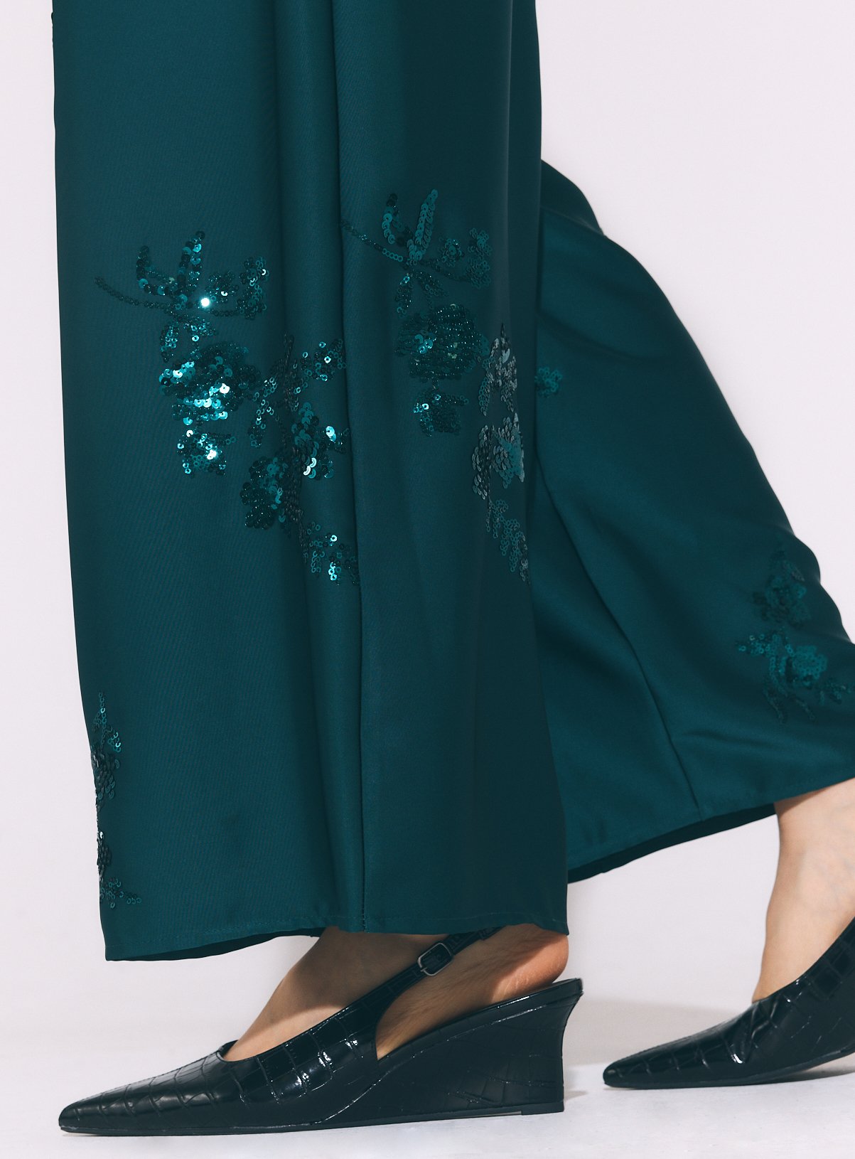 Teal Satin Sequin Embroidered Wide Leg Pleated Trousers 12 - Image 3 thumbnail