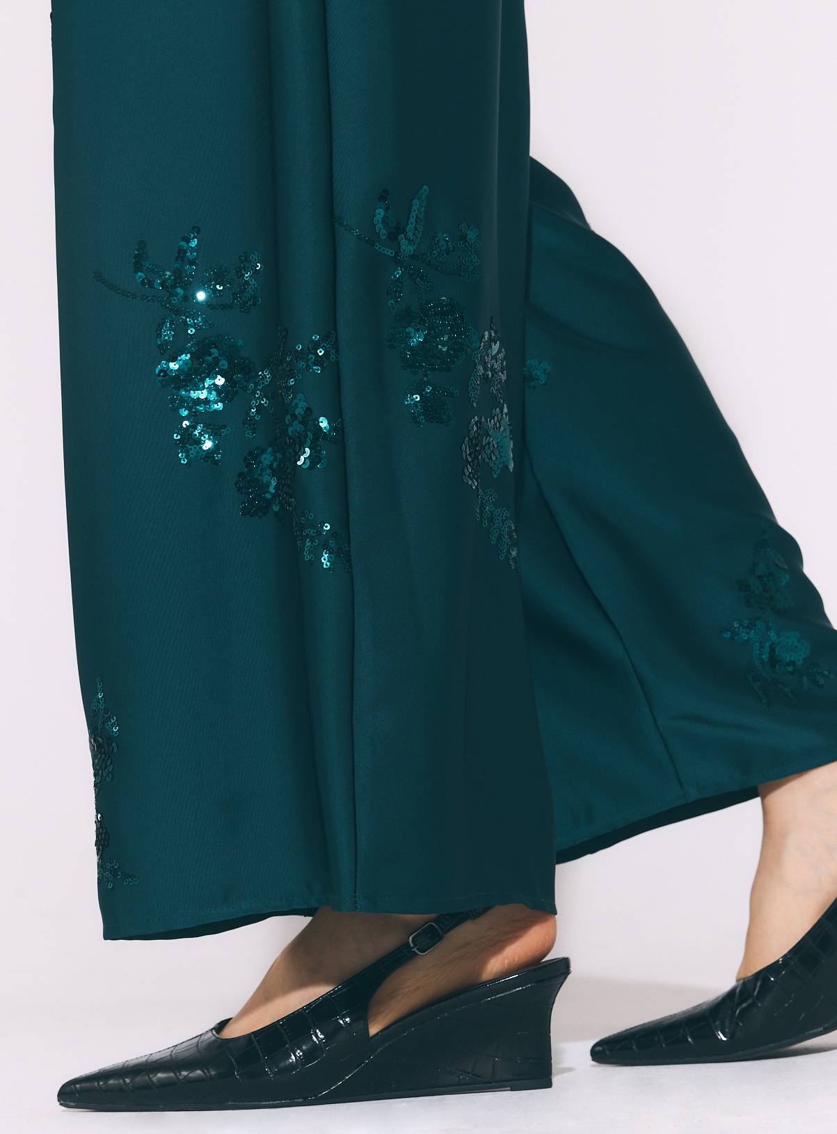 Teal Satin Sequin Embroidered Wide Leg Pleated Trousers 12 - Image 3