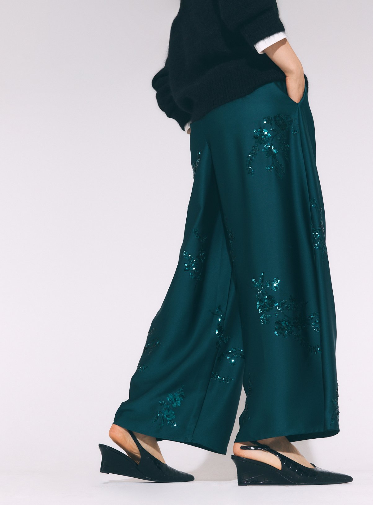 Teal Satin Sequin Embroidered Wide Leg Pleated Trousers 12 - Image 4 thumbnail