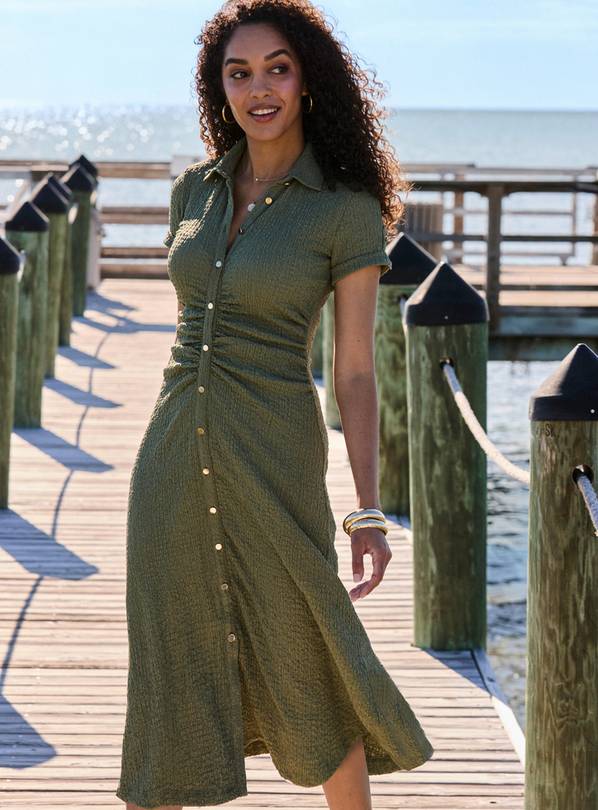 SOSANDAR Khaki Green Textured Collar Shirt Dress 12