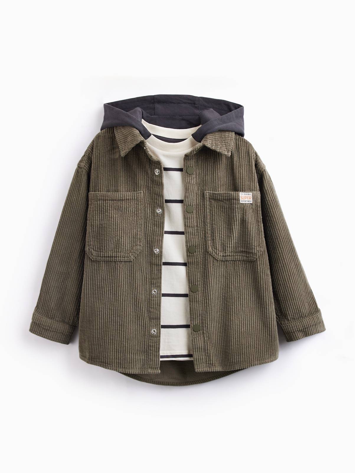 Khaki Cord Hooded Jacket and Striped T-Shirt Set 10 years - Image 1