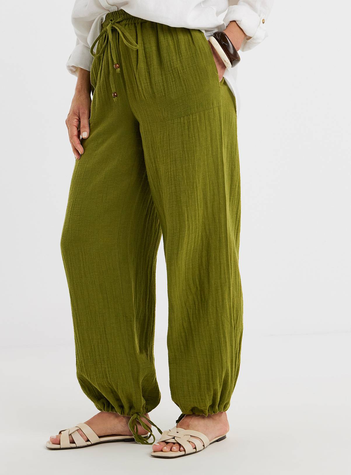 JD WILLIAMS Cotton Cheesecloth Balloon Trousers Khaki 18 - Image 1