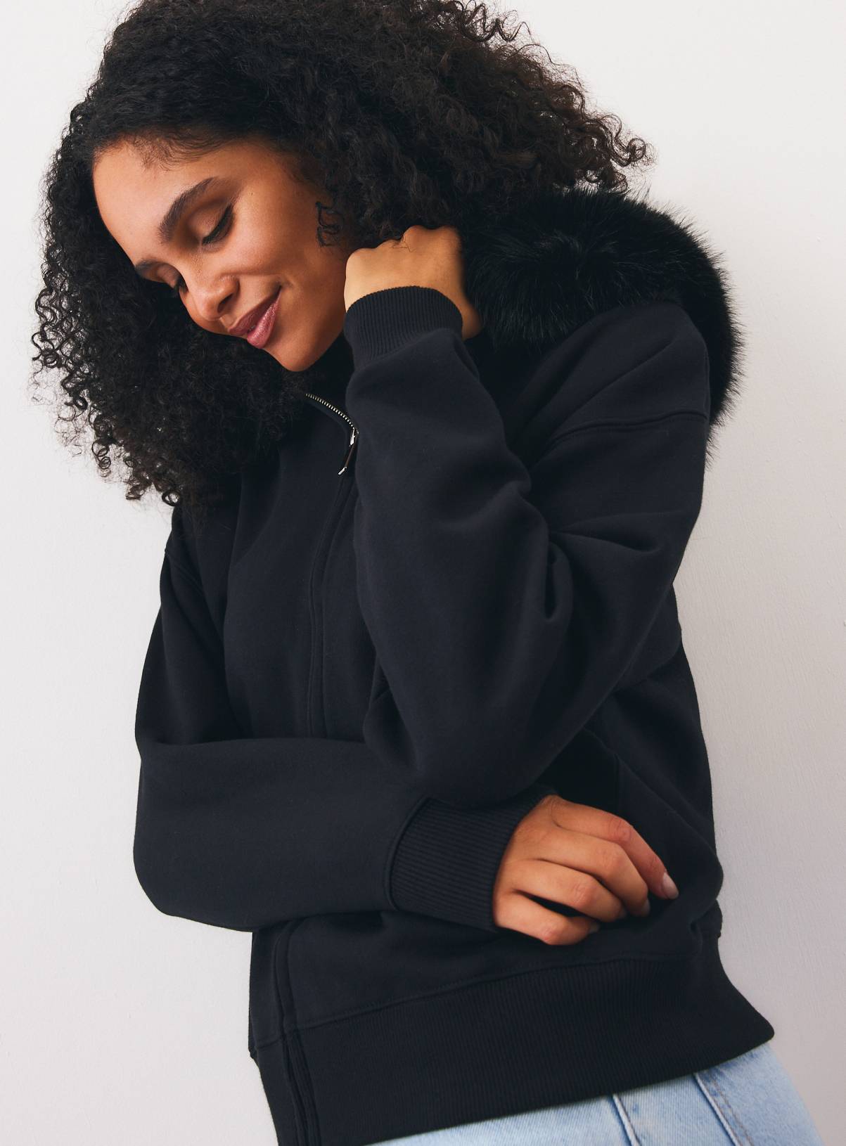 Black Faux Fur Hood Zip-Through Hoodie  L - Image 1