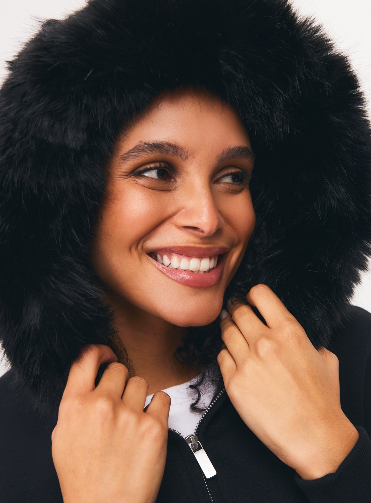 Black Faux Fur Hood Zip-Through Hoodie  L - Image 2 thumbnail