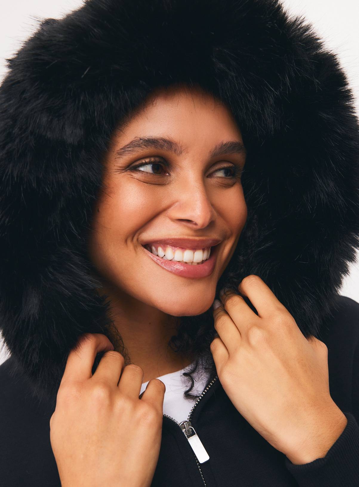 Black Faux Fur Hood Zip-Through Hoodie  L - Image 2