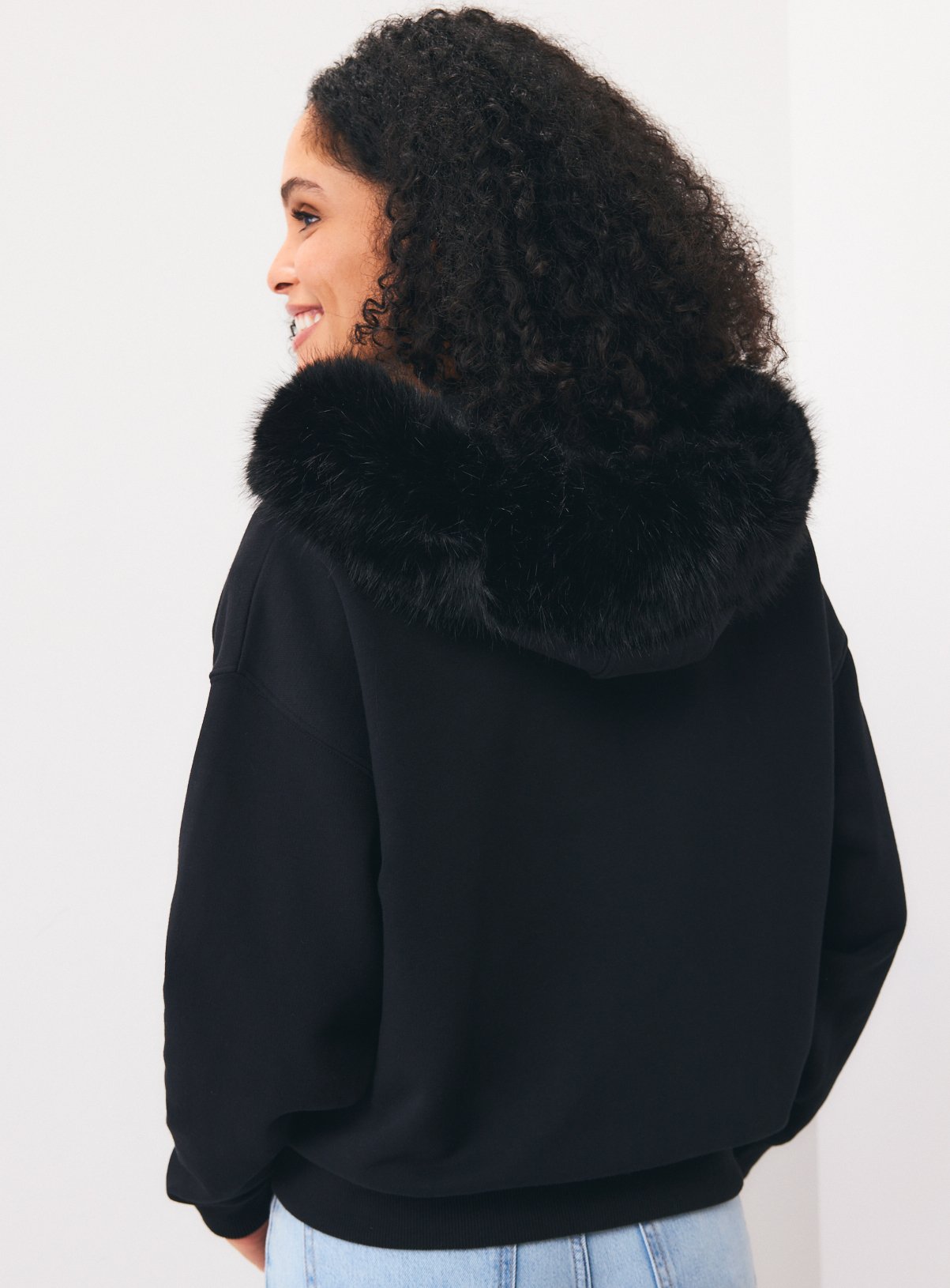 Black Faux Fur Hood Zip-Through Hoodie  L - Image 4 thumbnail