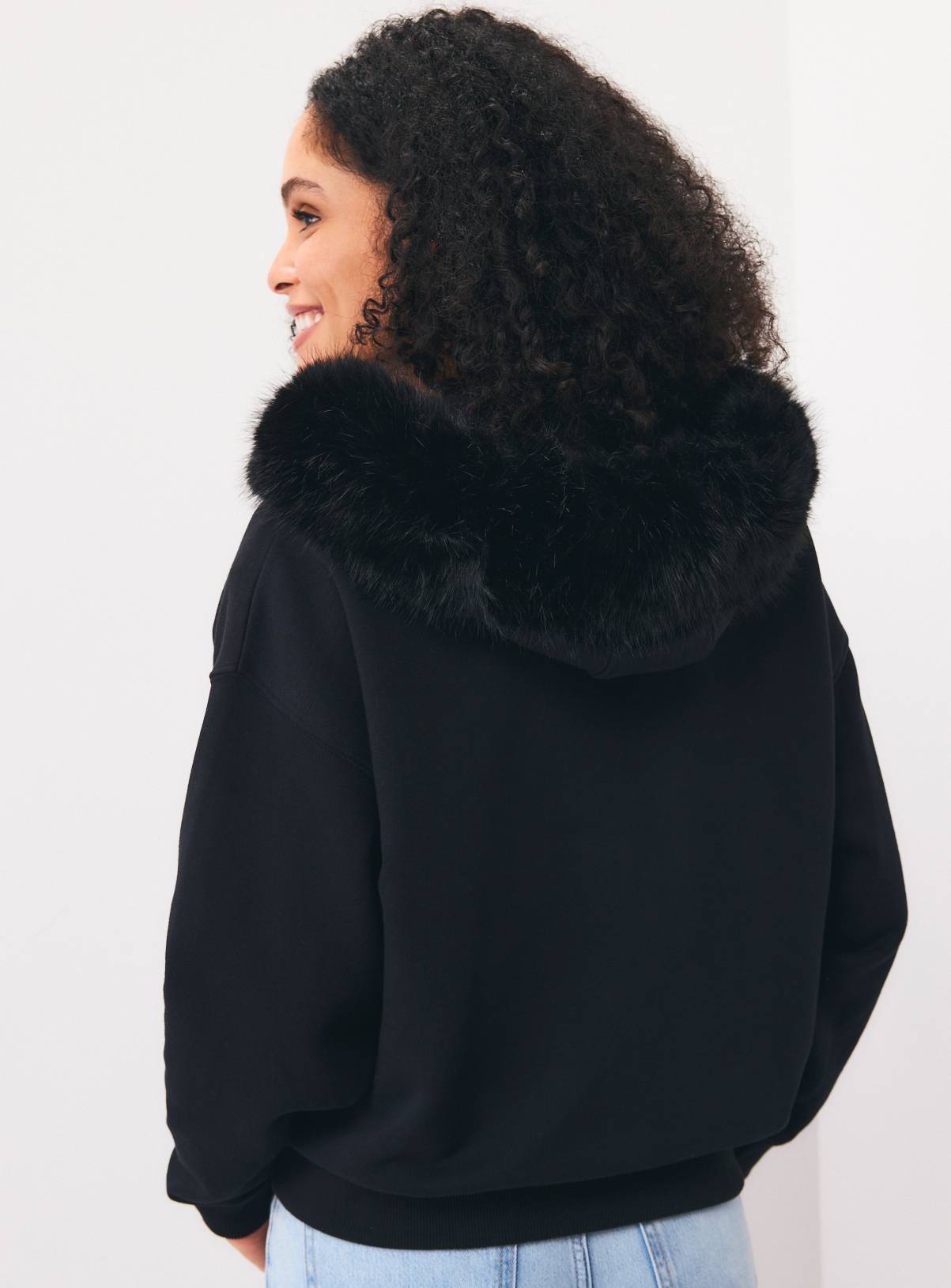 Black Faux Fur Hood Zip-Through Hoodie  L - Image 4