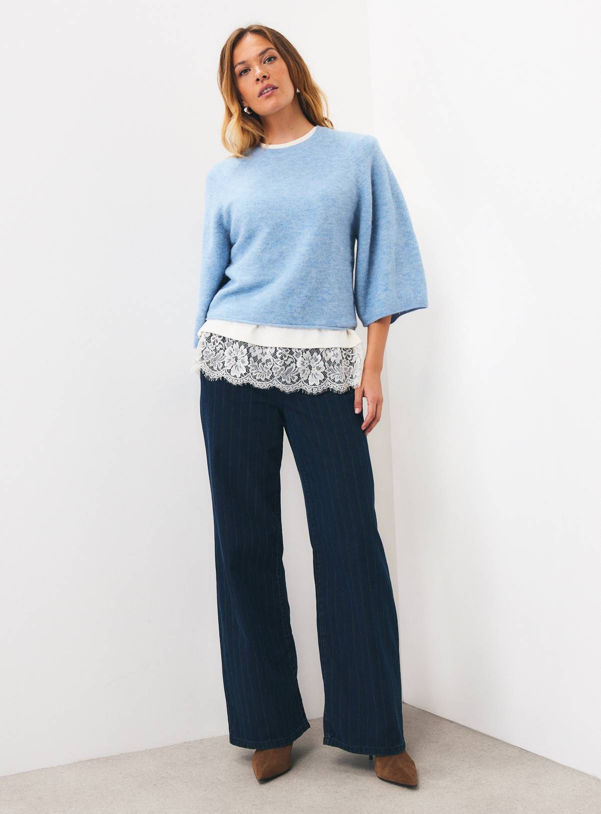 Blue Wool Blend Cape Sleeve Knitted Top M - Image 2