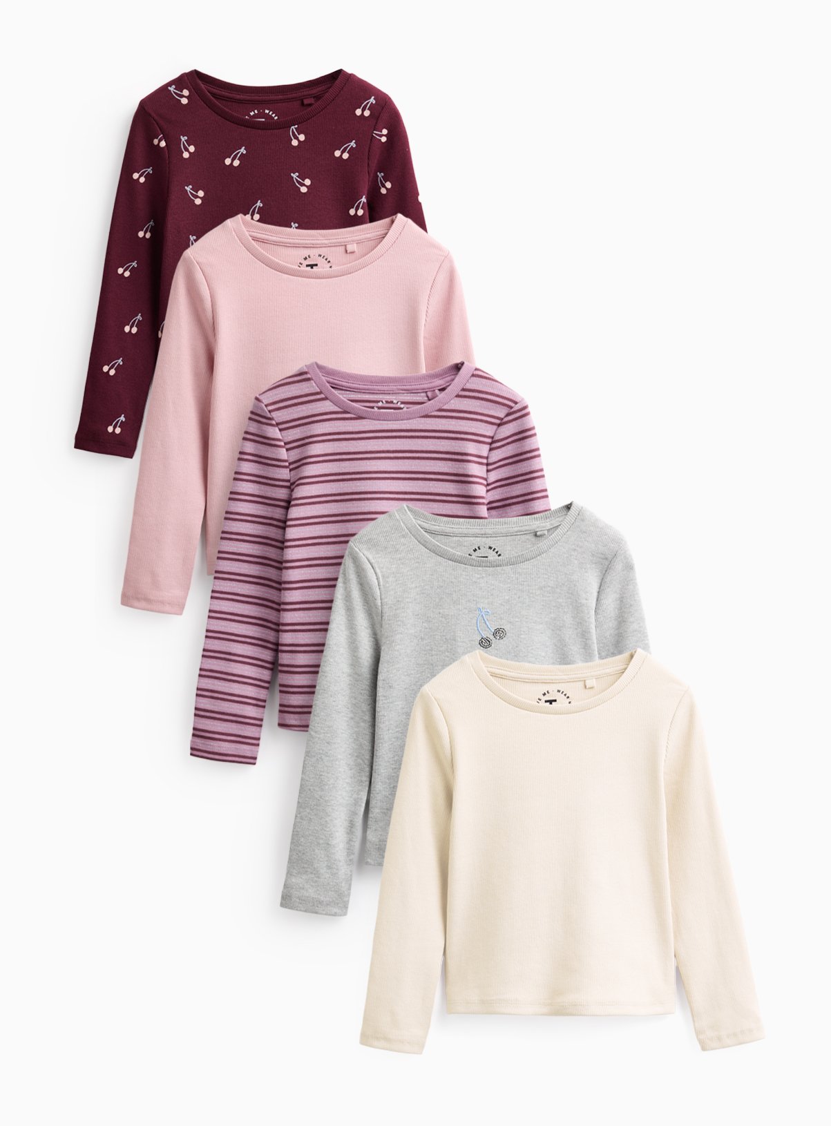 Cherry Stripe Ribbed Long Sleeve T-Shirts 5 Pack 5-6 years - Image 1 thumbnail