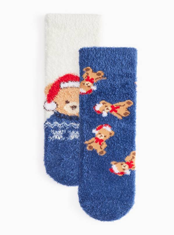 Christmas Teddy Bear Fluffy Socks 2-Pack 12.5-3.5