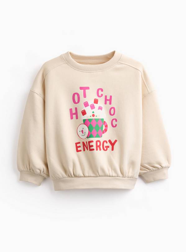 Cream Christmas Hot Choc Energy Slogan Crewneck Sweater 1-2 years