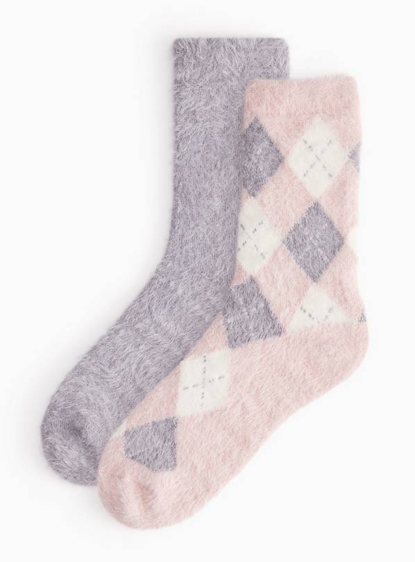 Argyle Brushed Fluffy Cosy Socks 2-Pack 4-8