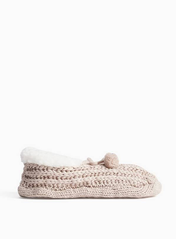 Neutral Chunky Cable Pom Footsie Socks 6-8