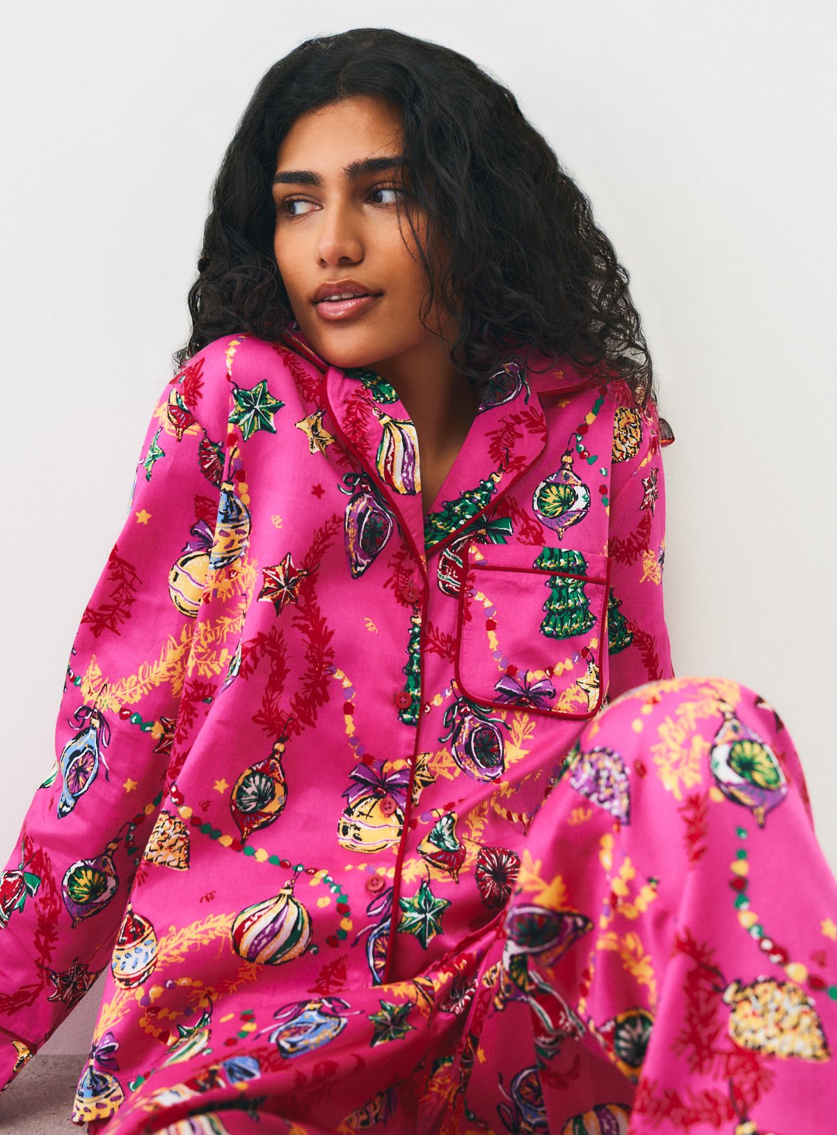 Christmas Pink Baubles Satin Traditional Pyjamas M - Image 1 thumbnail