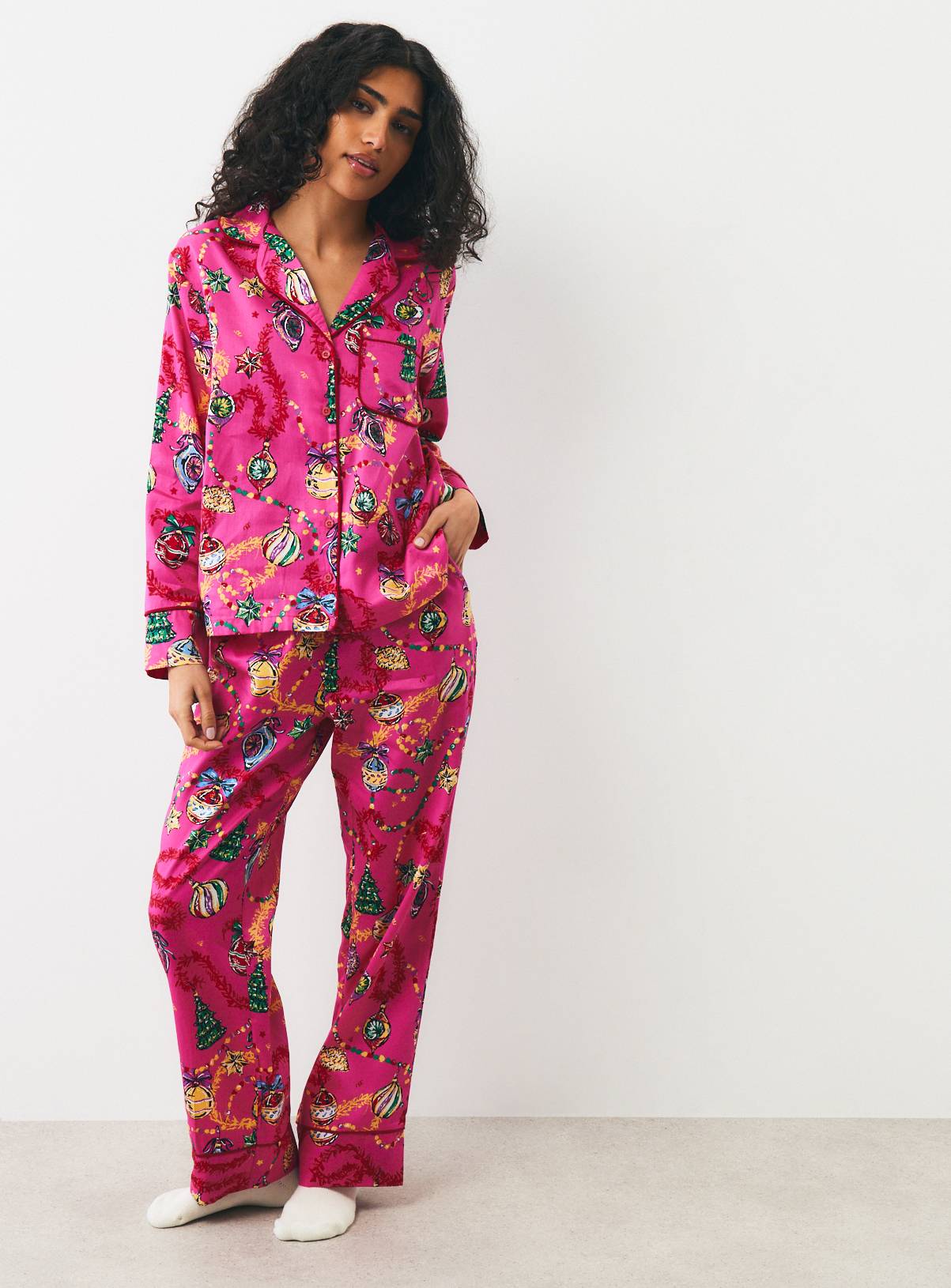 Christmas Pink Baubles Satin Traditional Pyjamas M - Image 2