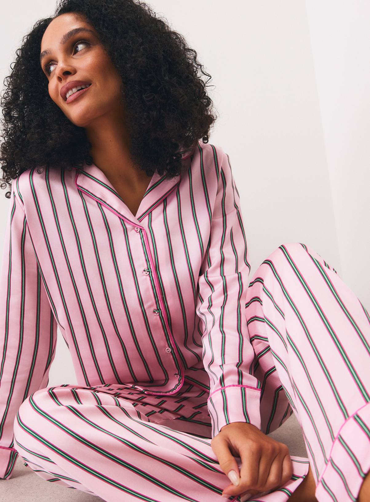 Pink & Green Christmas Satin Stripe Traditional Pyjamas S - Image 1