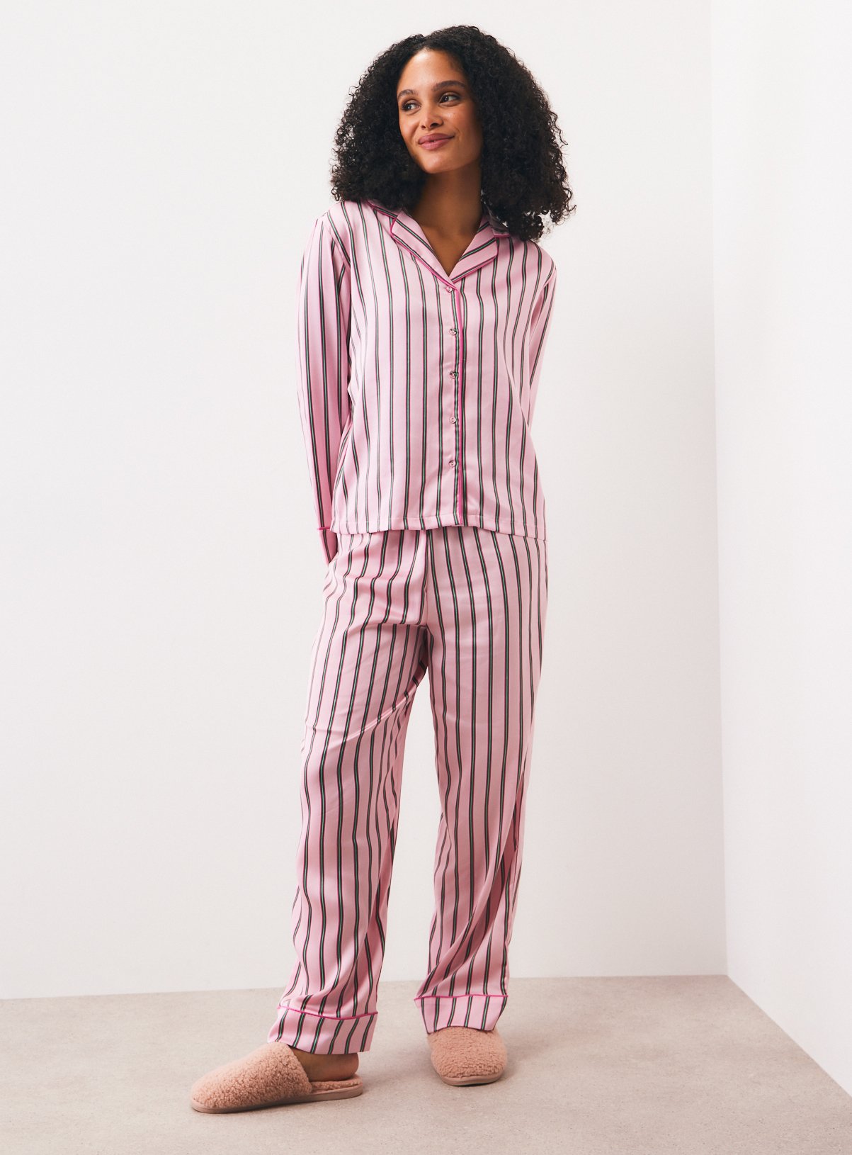 Pink & Green Christmas Satin Stripe Traditional Pyjamas S - Image 2 thumbnail