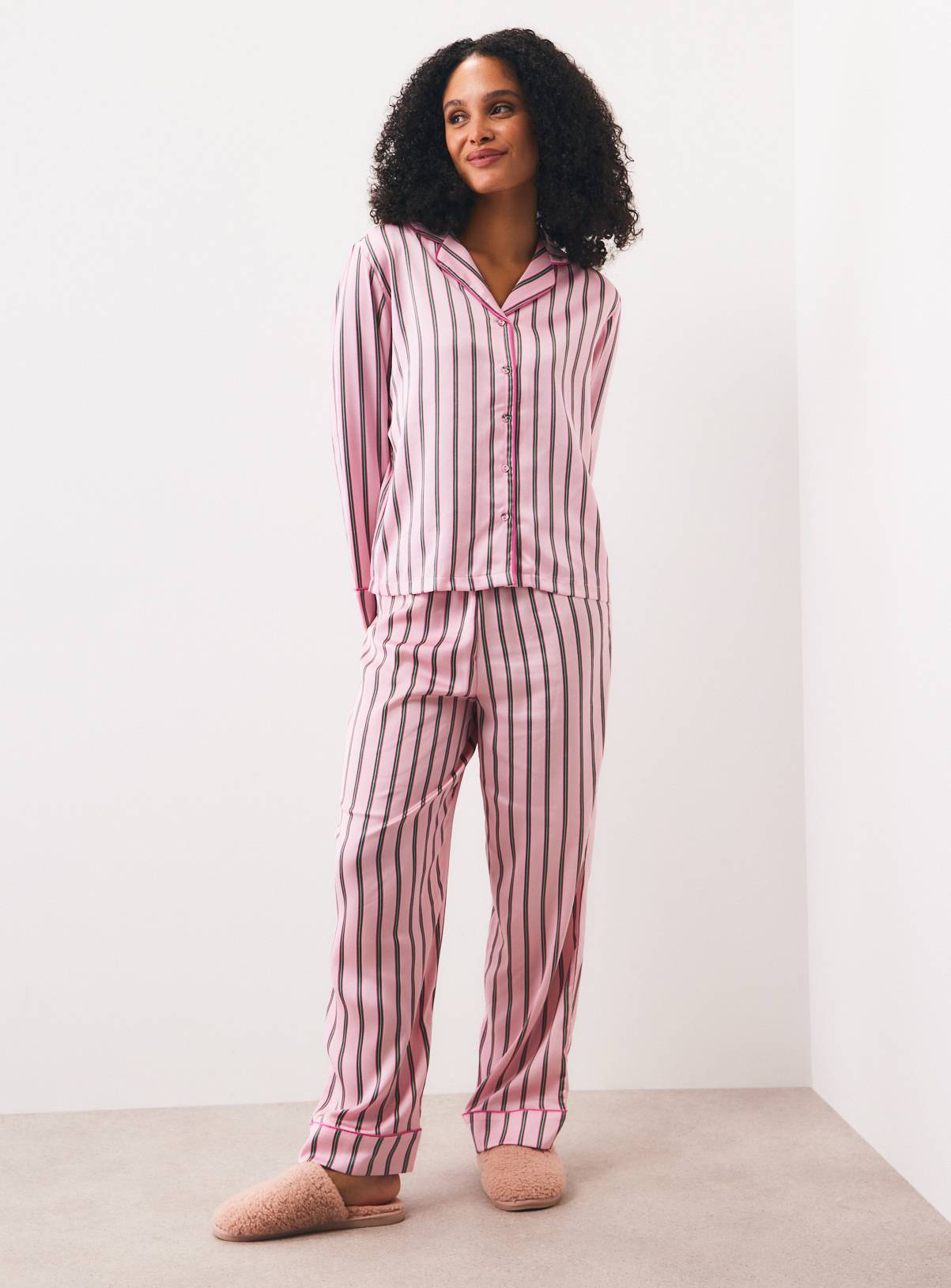 Pink & Green Christmas Satin Stripe Traditional Pyjamas S - Image 2