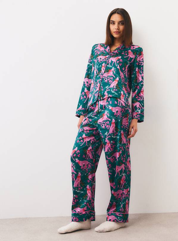 Christmas Leaping Leopards Satin Traditional Pyjamas L