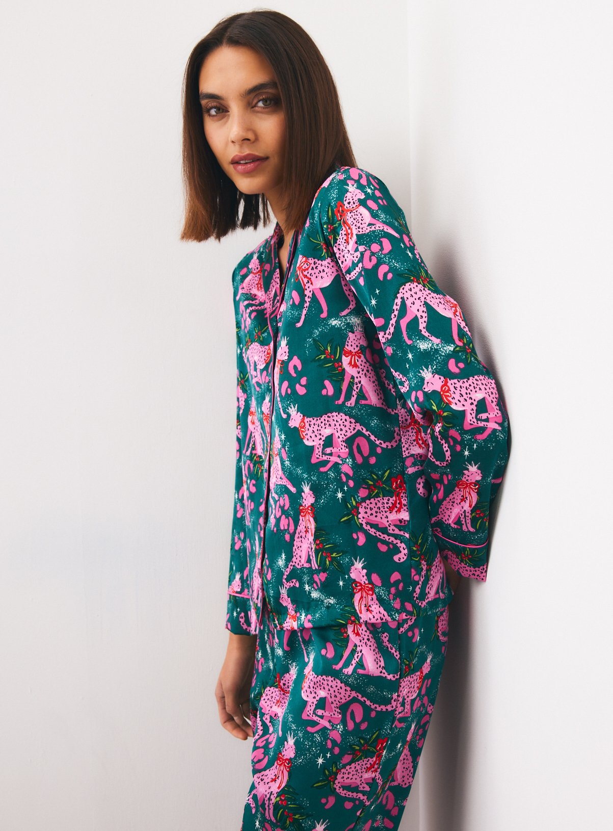 Christmas Leaping Leopards Satin Traditional Pyjamas XL - Image 2 thumbnail