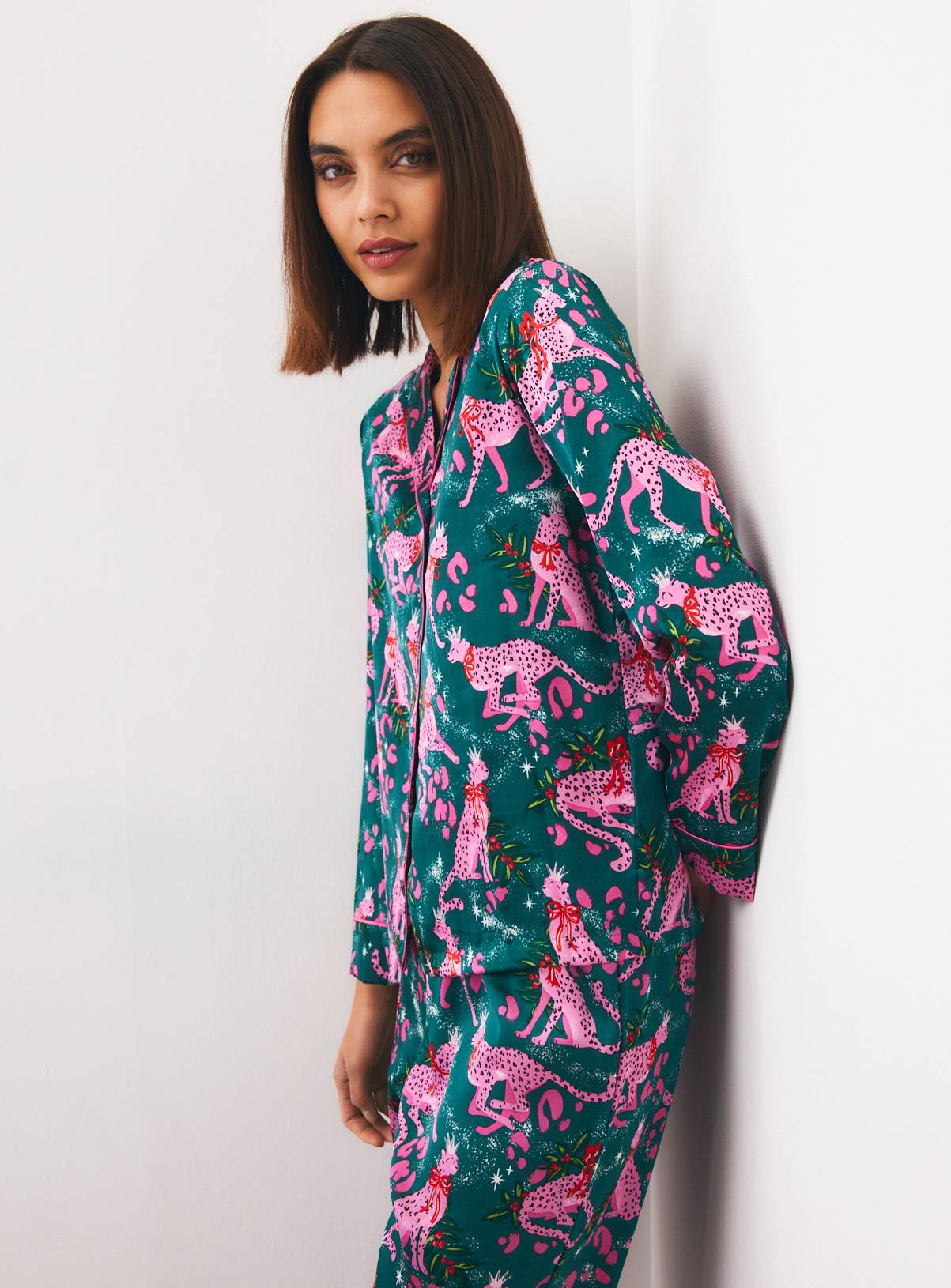 Christmas Leaping Leopards Satin Traditional Pyjamas XL - Image 2