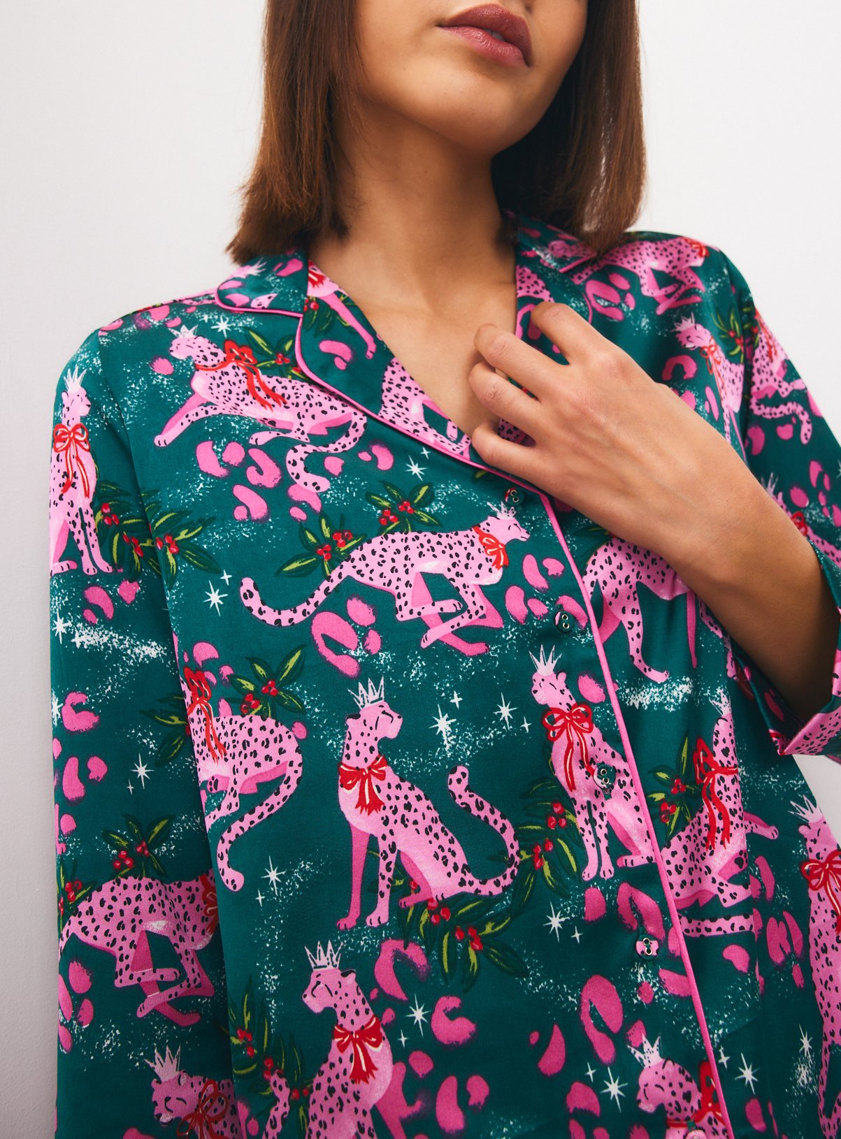 Christmas Leaping Leopards Satin Traditional Pyjamas XL - Image 3 thumbnail