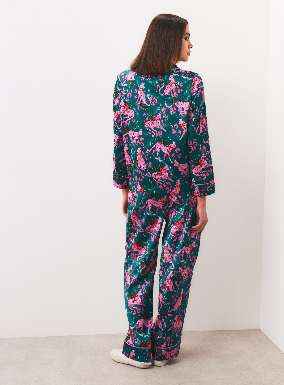 Christmas Leaping Leopards Satin Traditional Pyjamas XL - Image 4 thumbnail