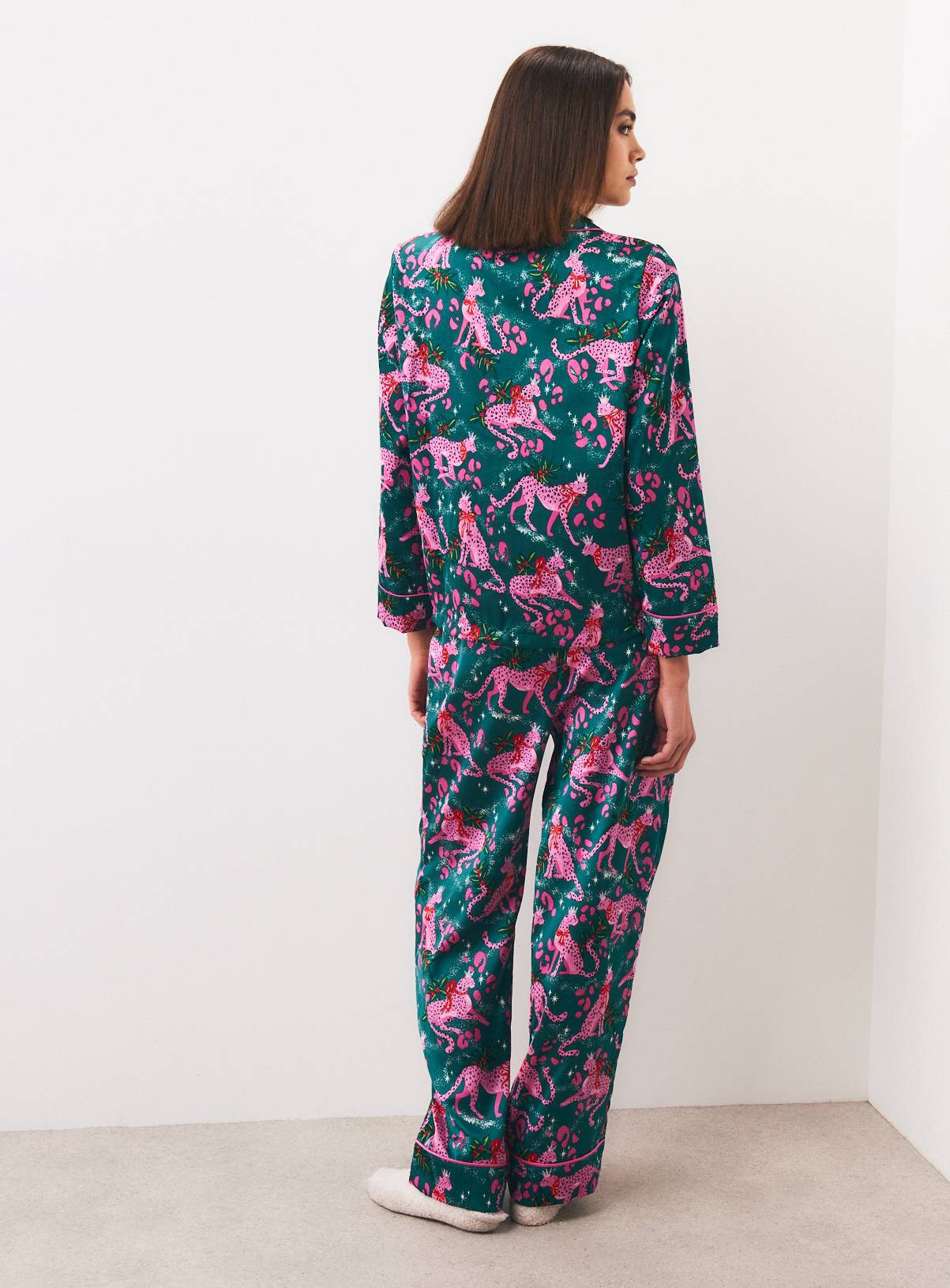 Christmas Leaping Leopards Satin Traditional Pyjamas XL - Image 4