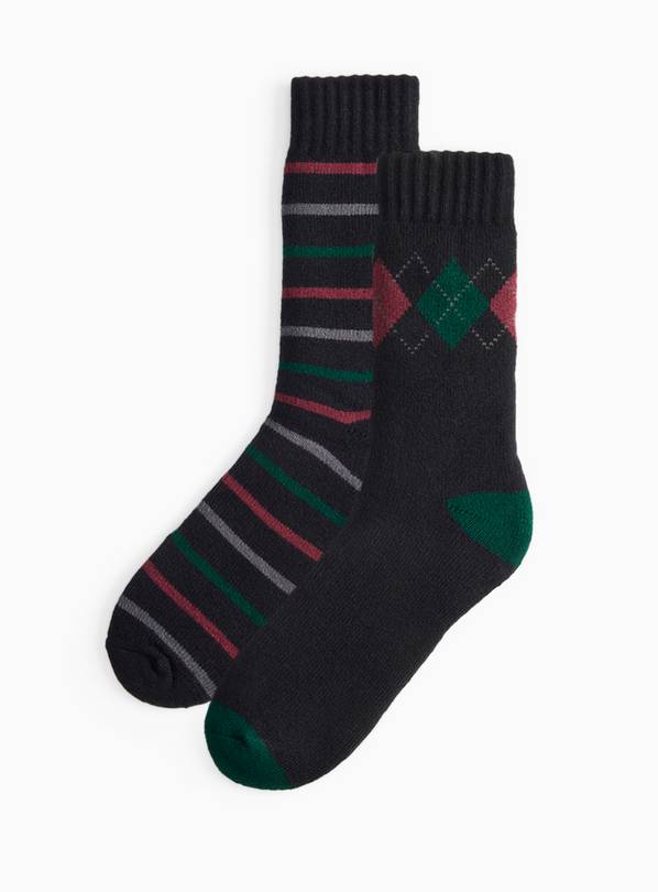 Black Argyle Brushed Thermal Slipper Socks 2 Pack 6-11
