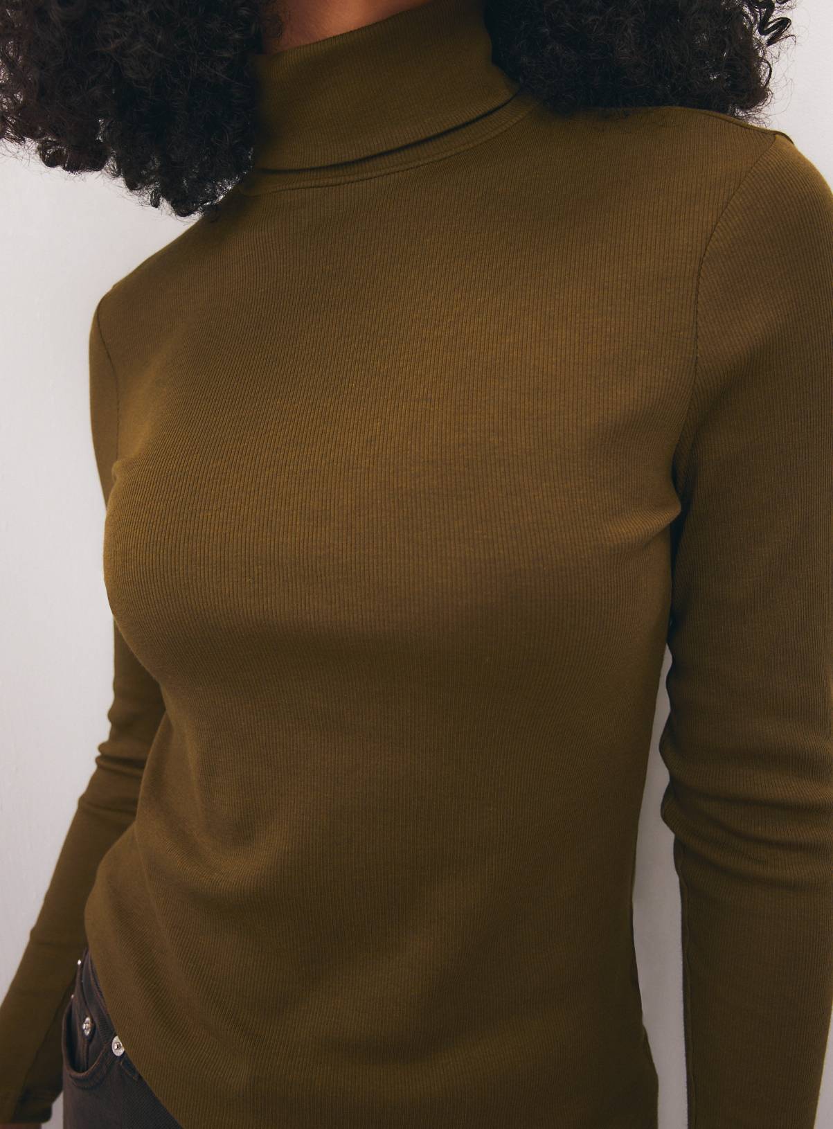 Khaki Plain Modal Rib Roll Neck Top 20 - Image 1
