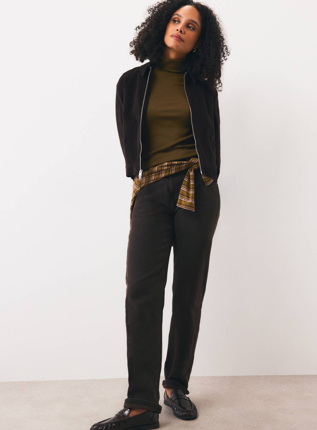 Khaki Plain Modal Rib Roll Neck Top 20 - Image 2