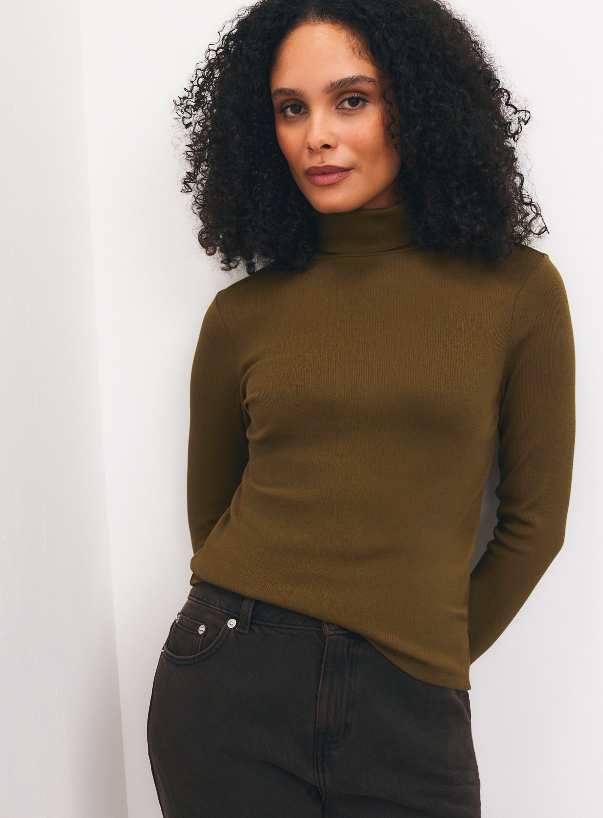 Khaki Plain Modal Rib Roll Neck Top 20 - Image 3 thumbnail