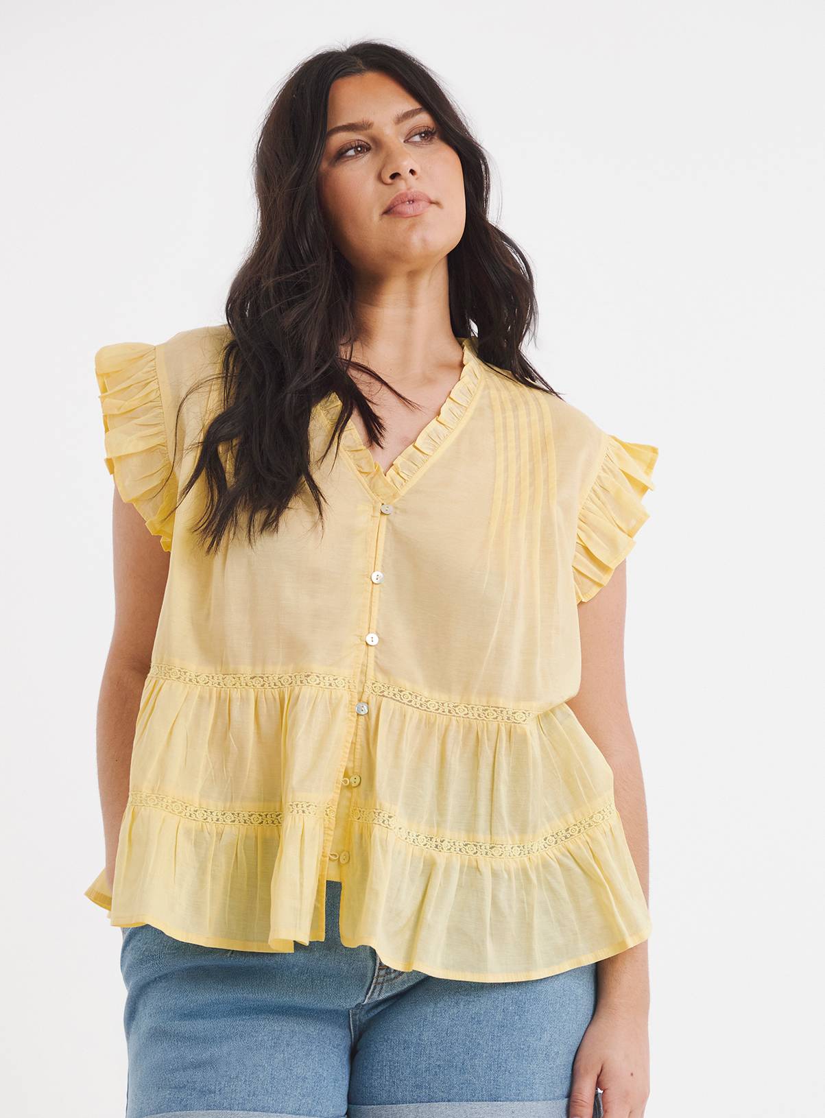 SIMPLY BE Yellow Prairie Tiered Top 30 - Image 1