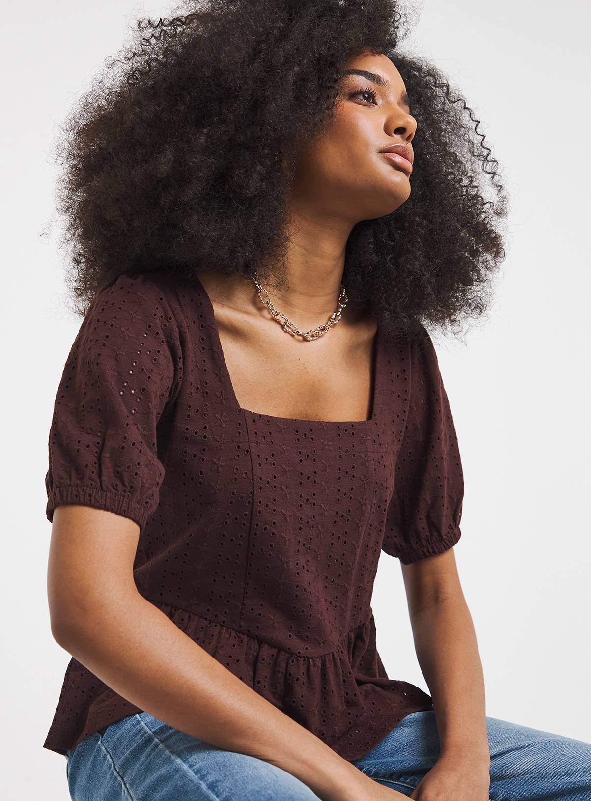 SIMPLY BE Stretch Broderie Square Neck Peplum Top 12 - Image 1