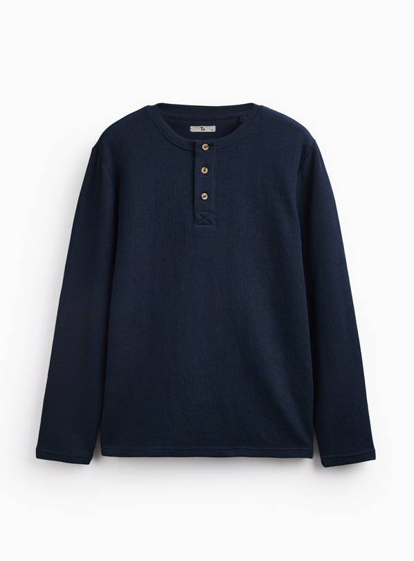 Navy Long-Sleeved Grandad Collar Top L