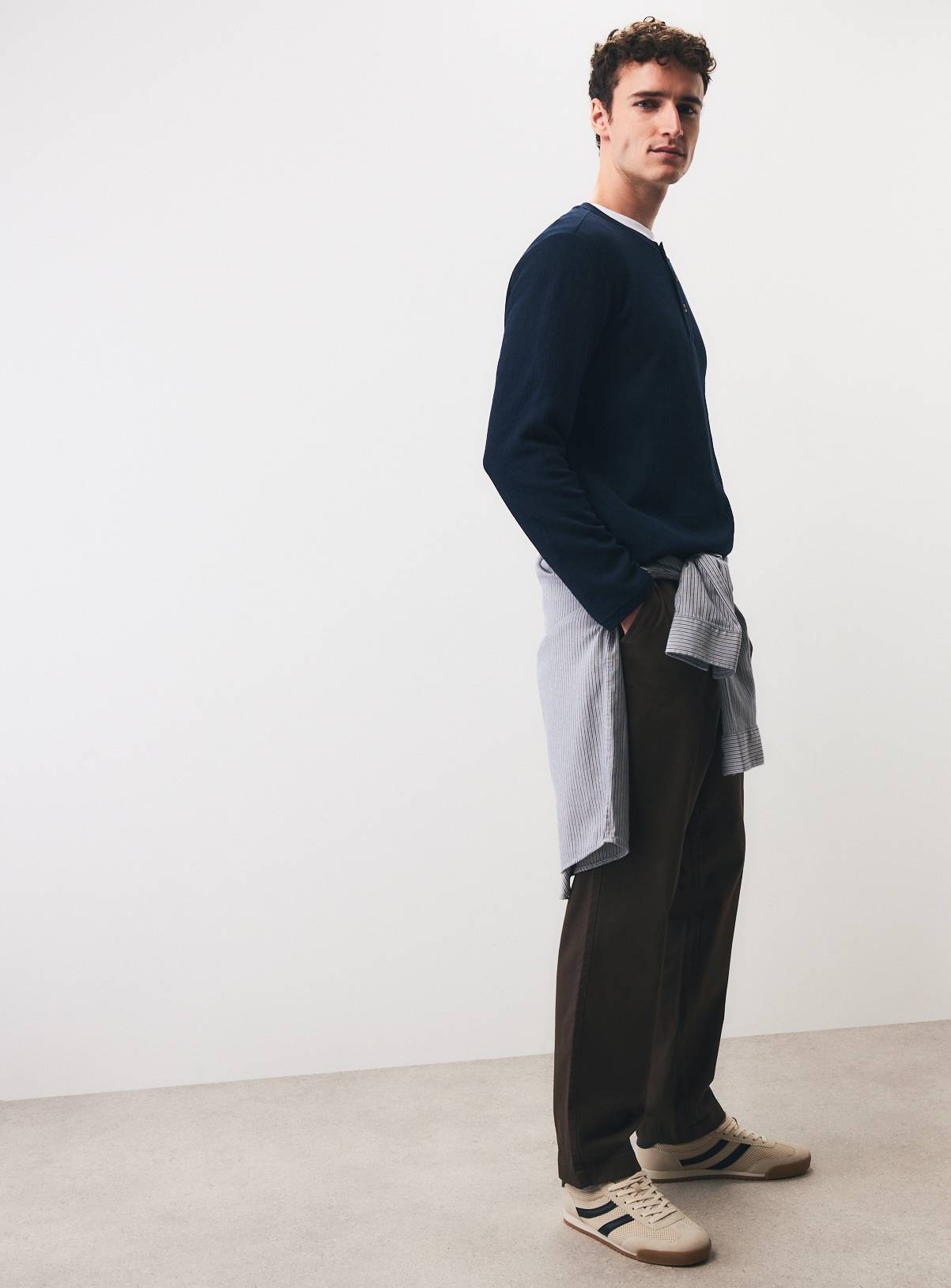 Navy Long-Sleeved Grandad Collar Top XXXL - Image 2