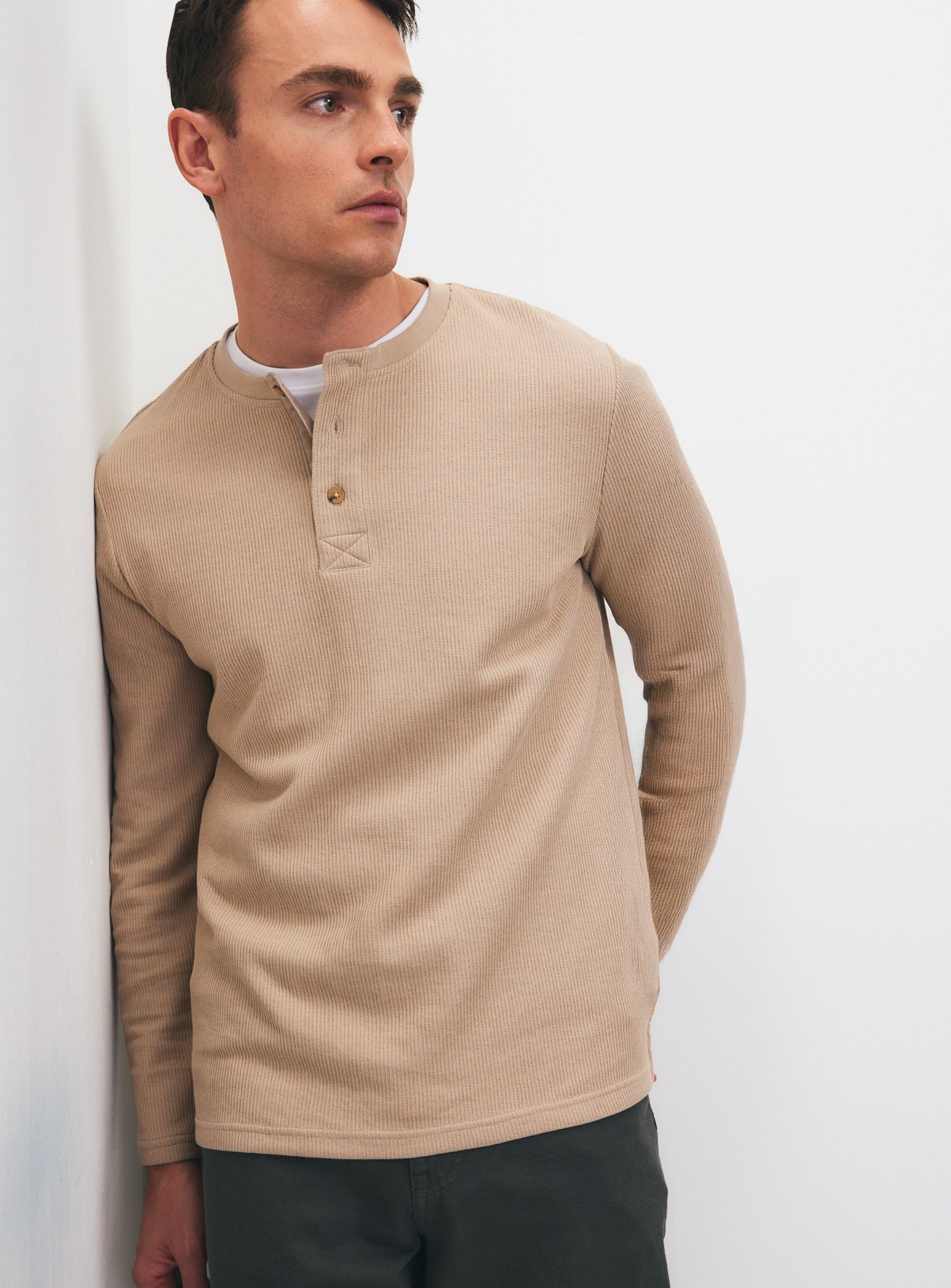 Stone Long-Sleeved Grandad Collar Top XXL - Image 1 thumbnail