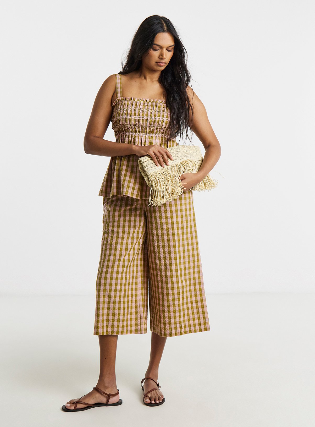 SIMPLY BE Brown & Pink Gingham Shirred Detail Cami Top 28 - Image 3 thumbnail