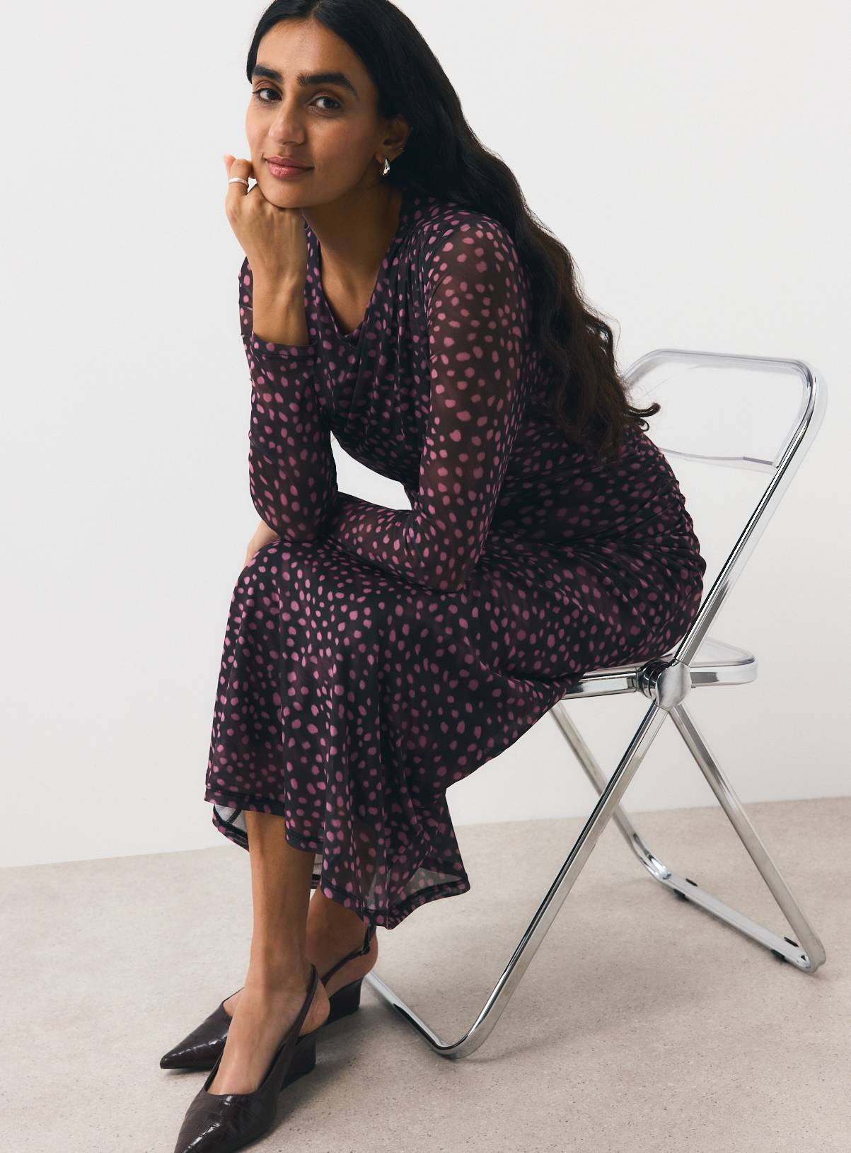 Brown Spot Printed Mesh Column Dress 18 - Image 1