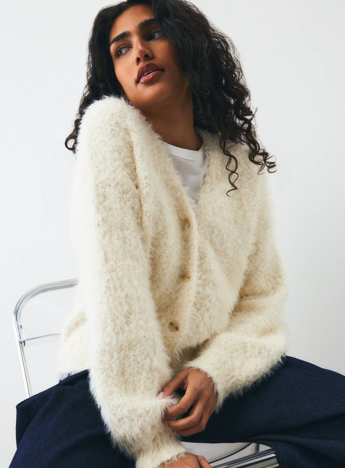 Cream Eyelash Fancy Yarn Cardigan M - Image 1