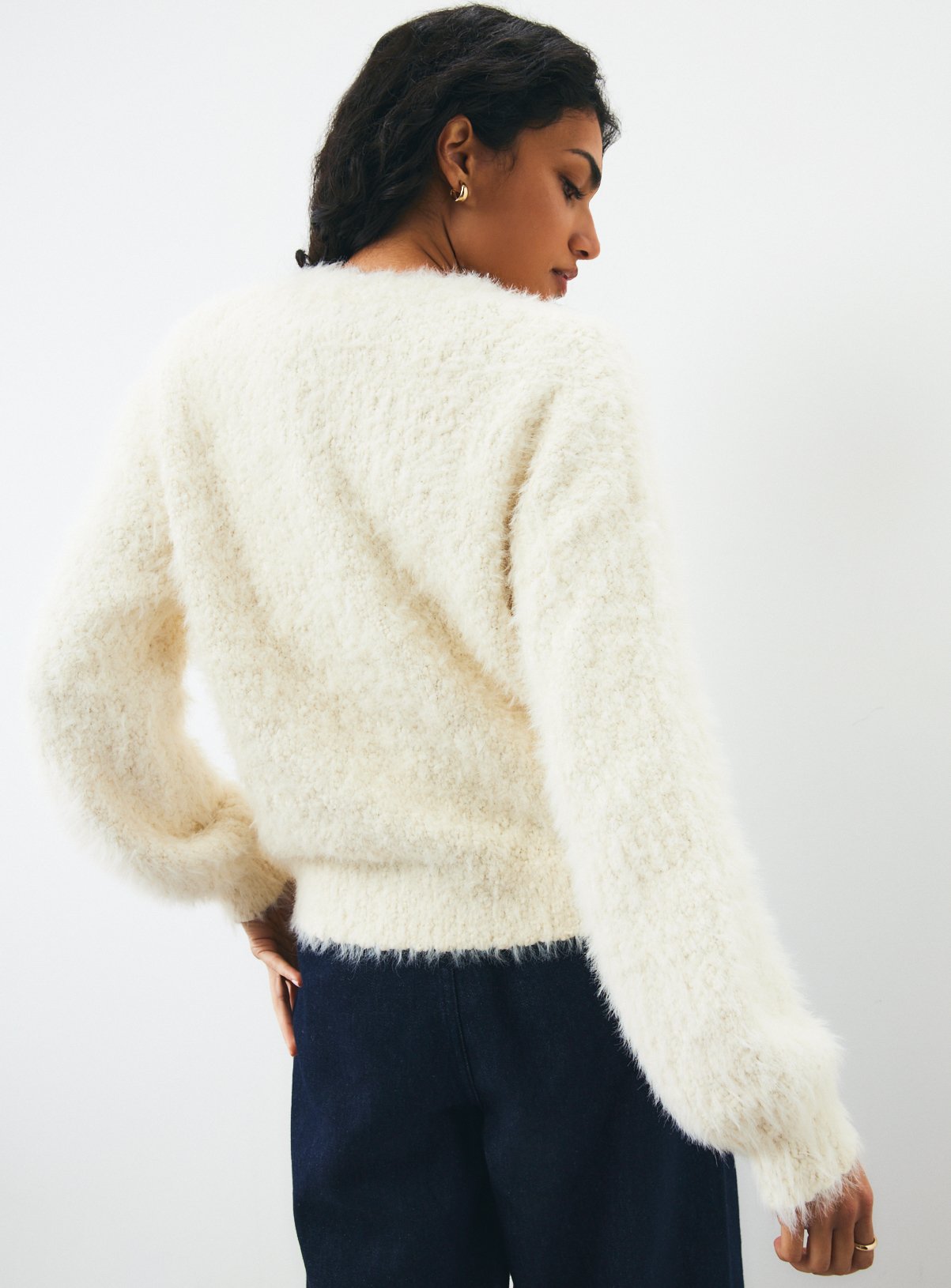 Cream Eyelash Fancy Yarn Cardigan M - Image 4 thumbnail