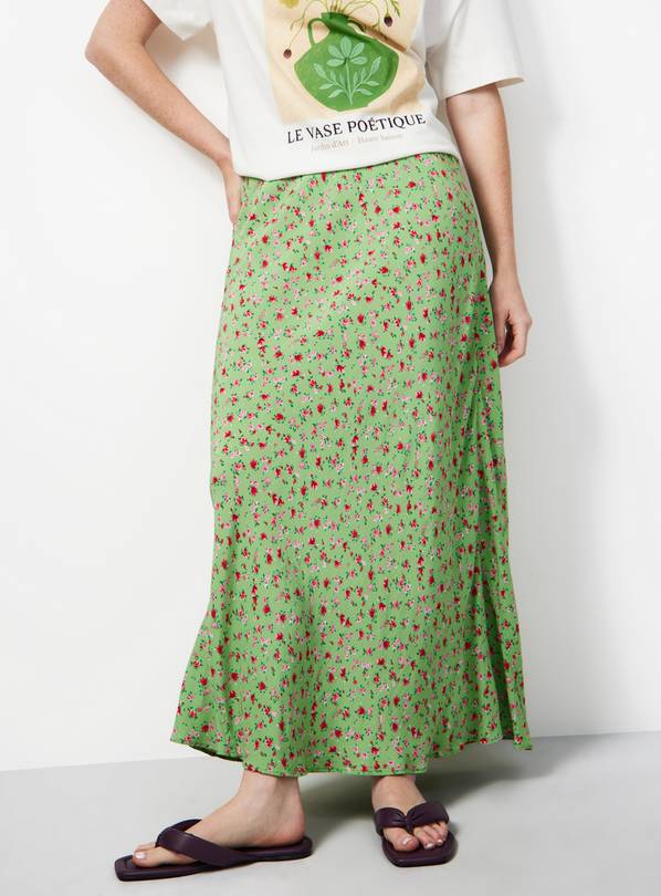 Green Stripe Floral Print Midaxi Slip Skirt 12