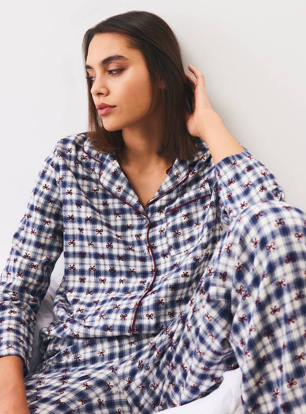 Christmas Blue Check Bow Traditional Pyjamas L