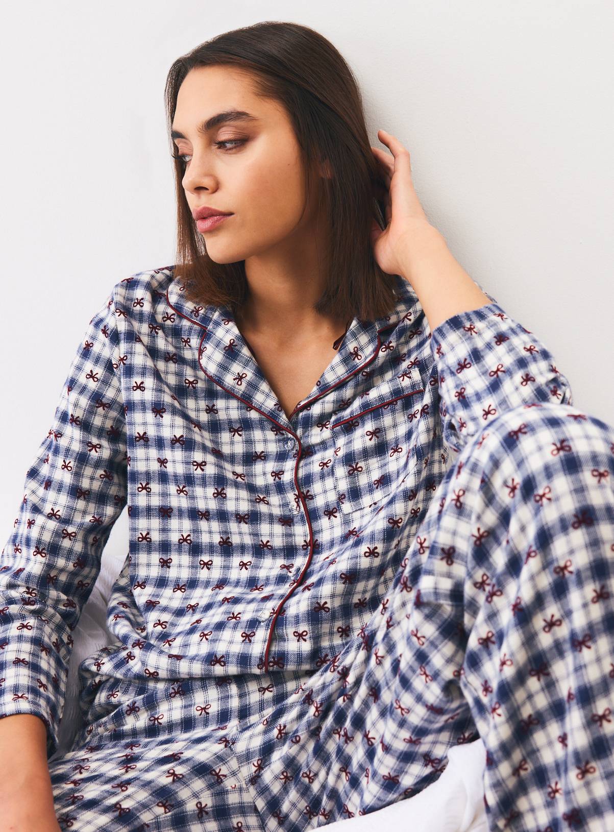 Christmas Blue Check Bow Traditional Pyjamas S - Image 1