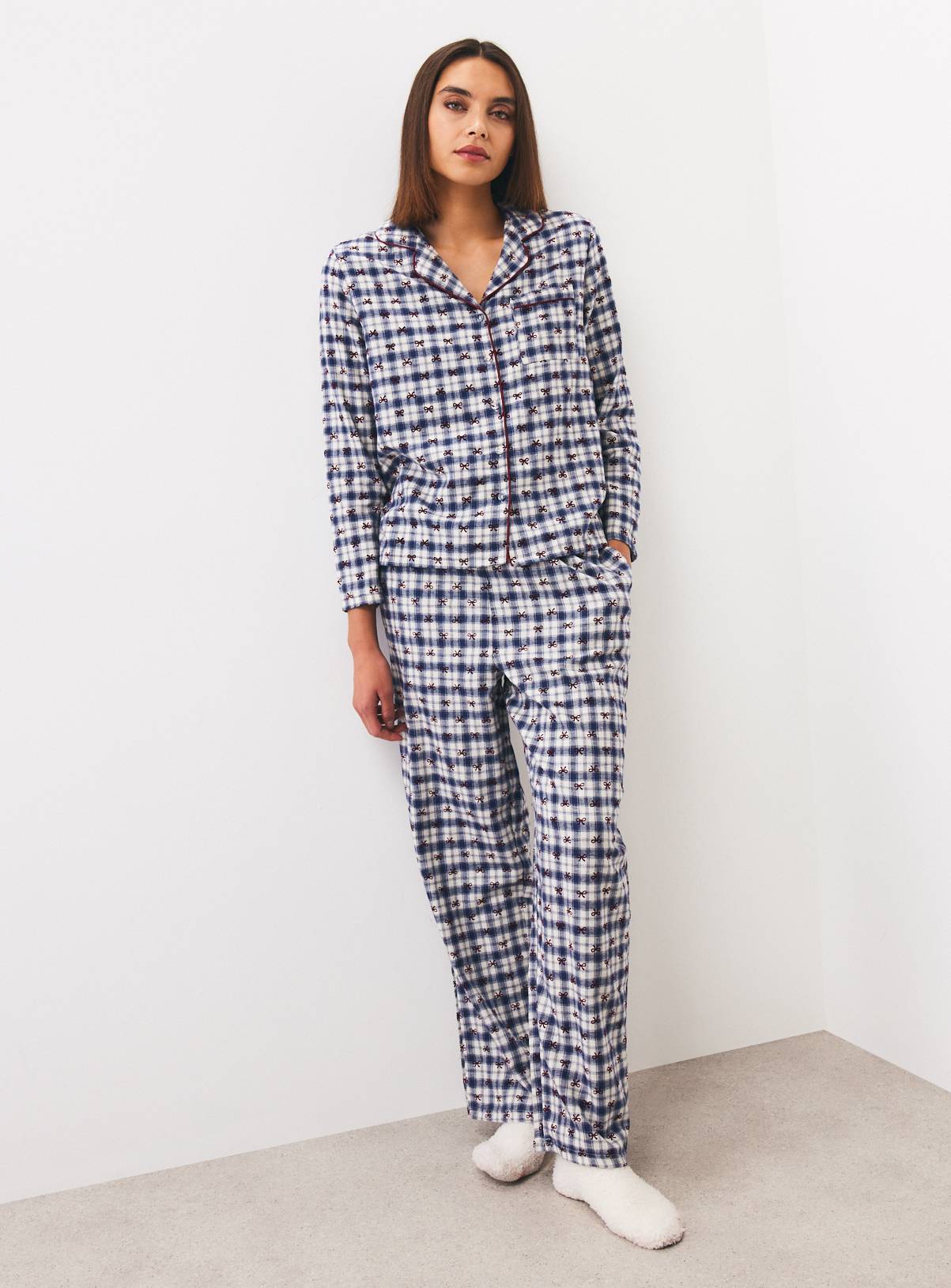 Christmas Blue Check Bow Traditional Pyjamas S - Image 2