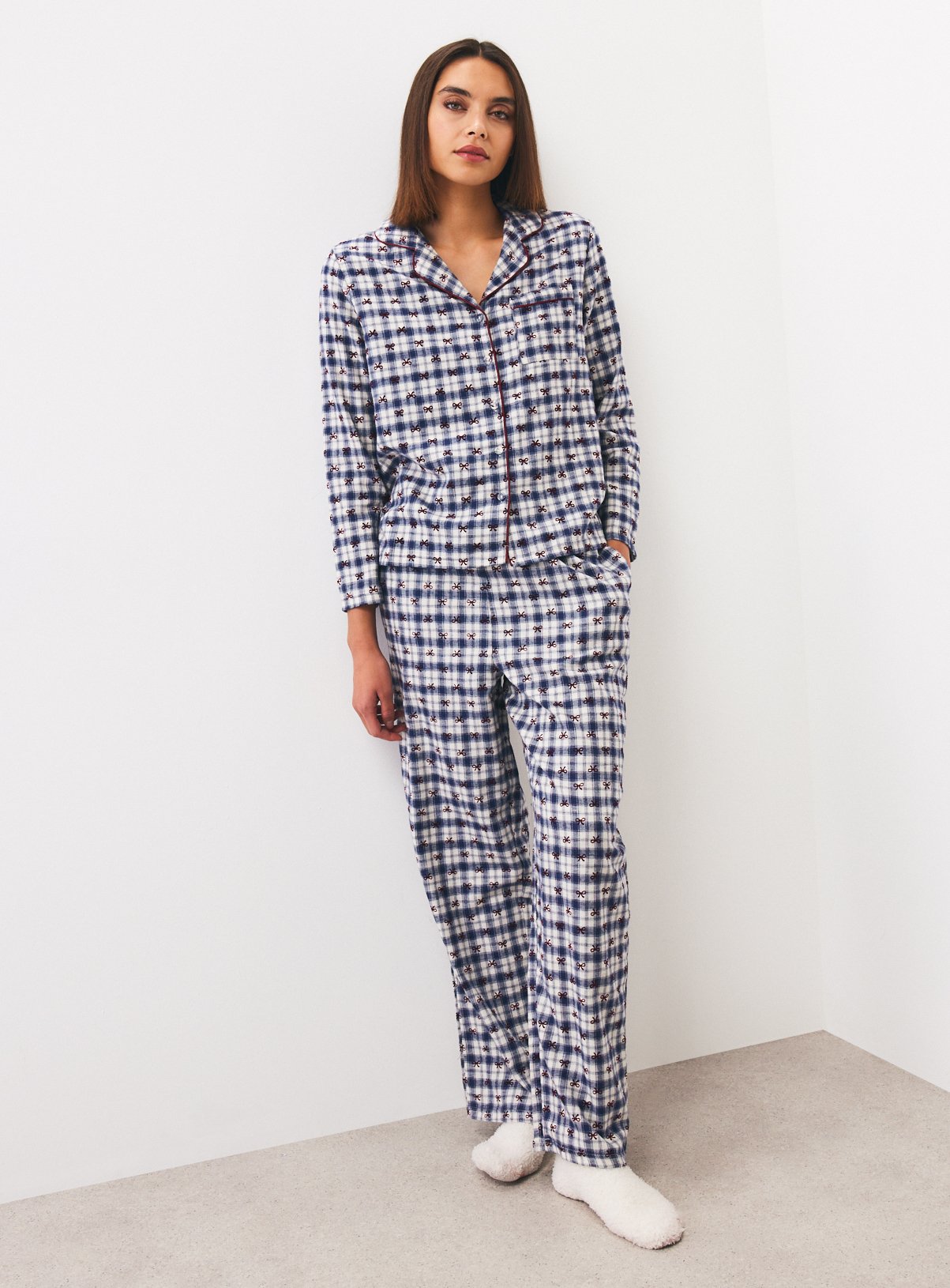 Christmas Blue Check Bow Traditional Pyjamas XS - Image 2 thumbnail