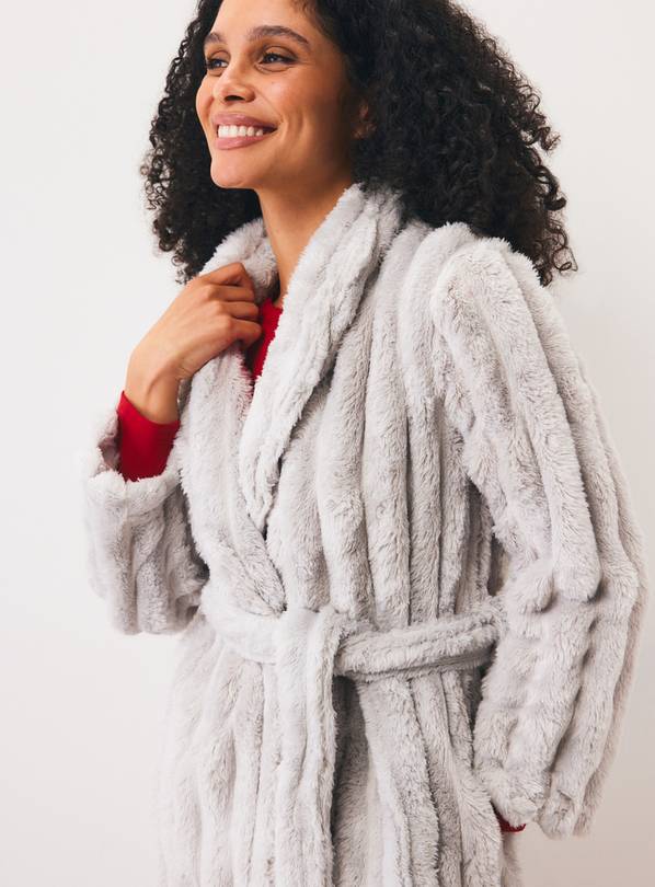Grey Textured Fluffy Dressing Gown L