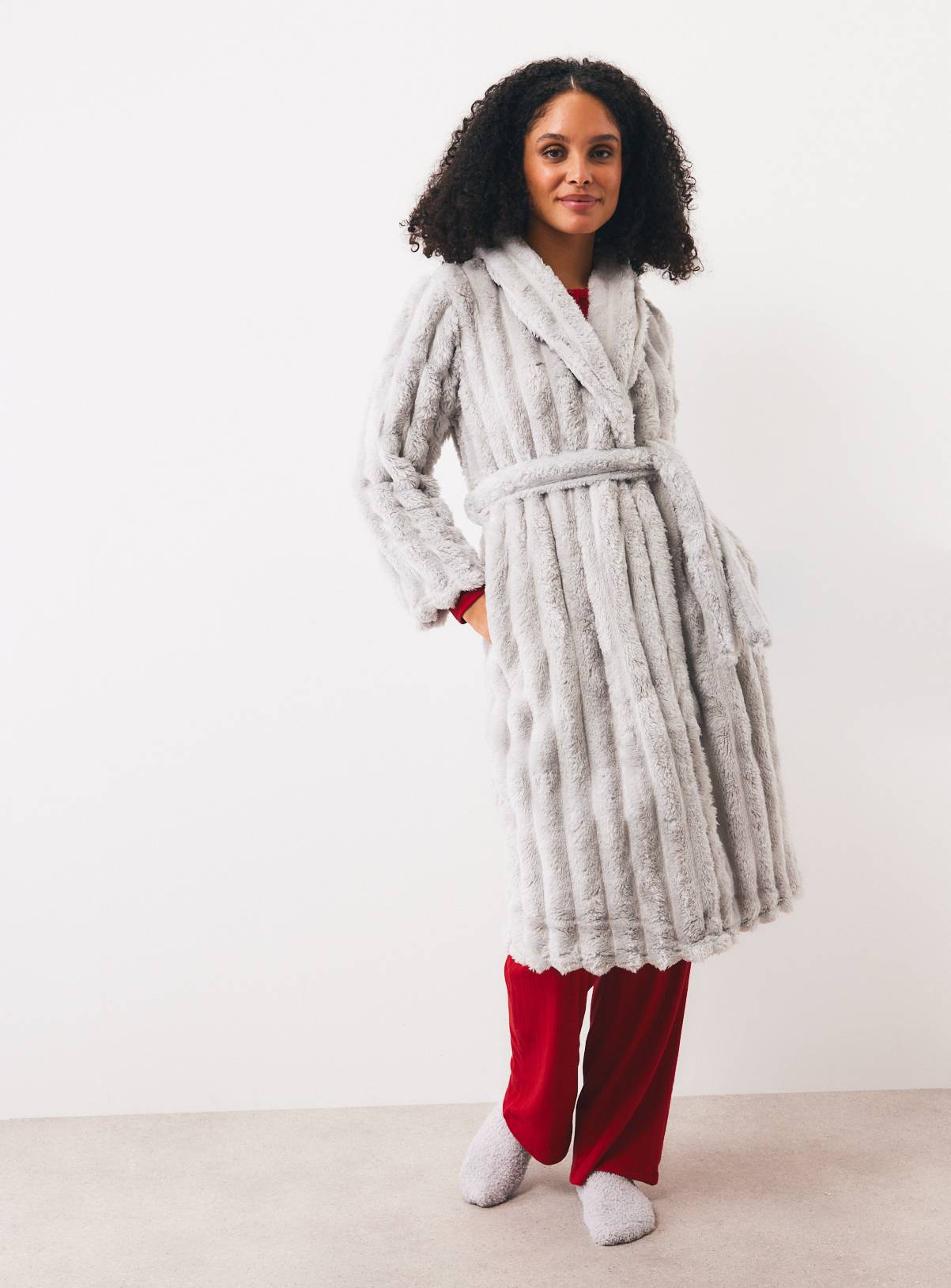 Grey Textured Fluffy Dressing Gown XL - Image 2